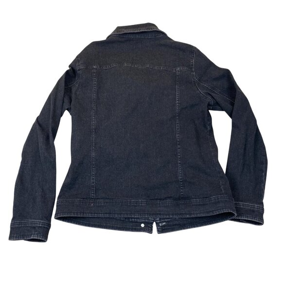 Women's Black Denim Jean Jacket Medium Stretch Fitted Classic Button Y2K - Picture 2 of 12